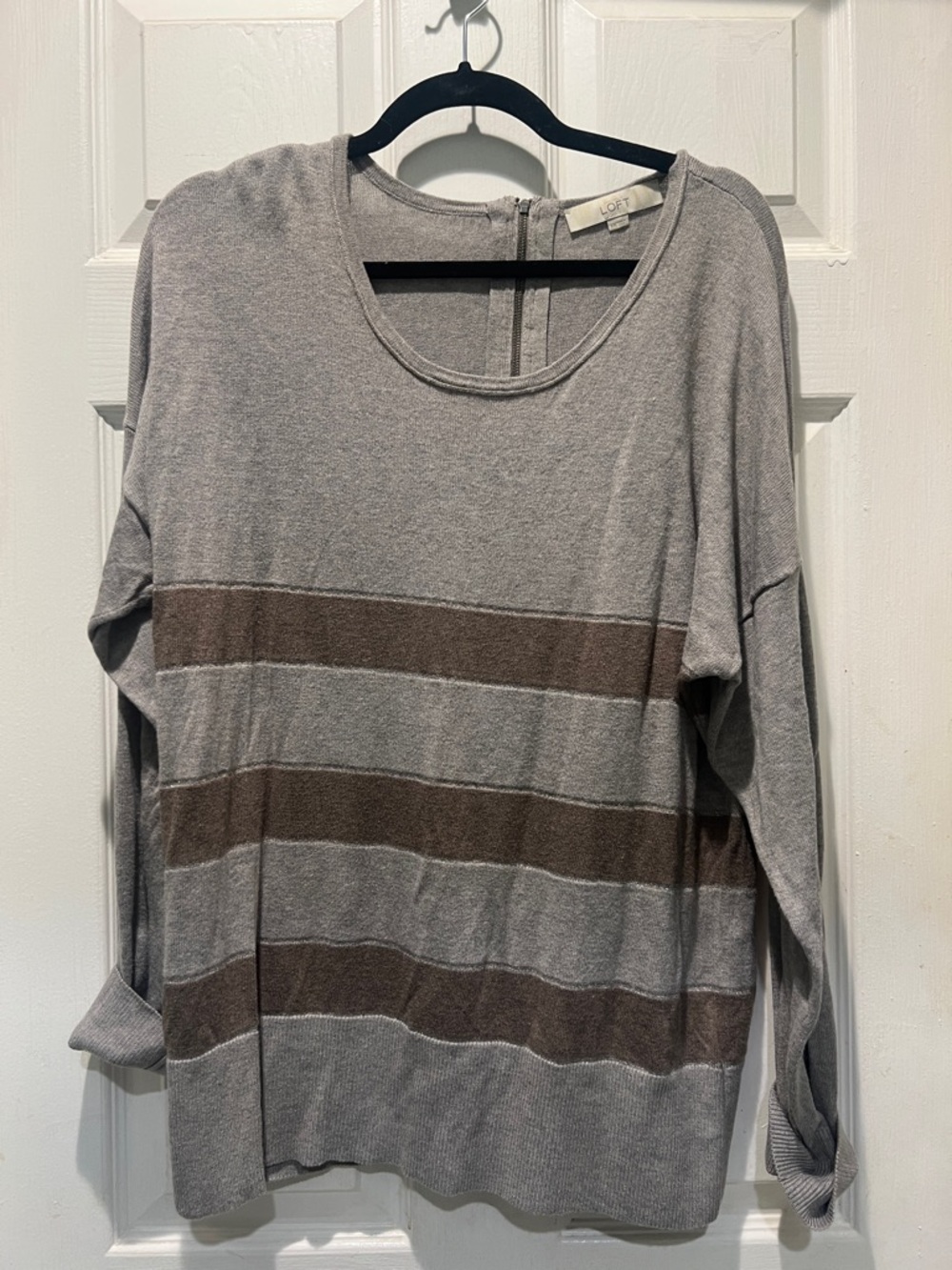 LOFT Gray Sweater Top with Brown Stripes